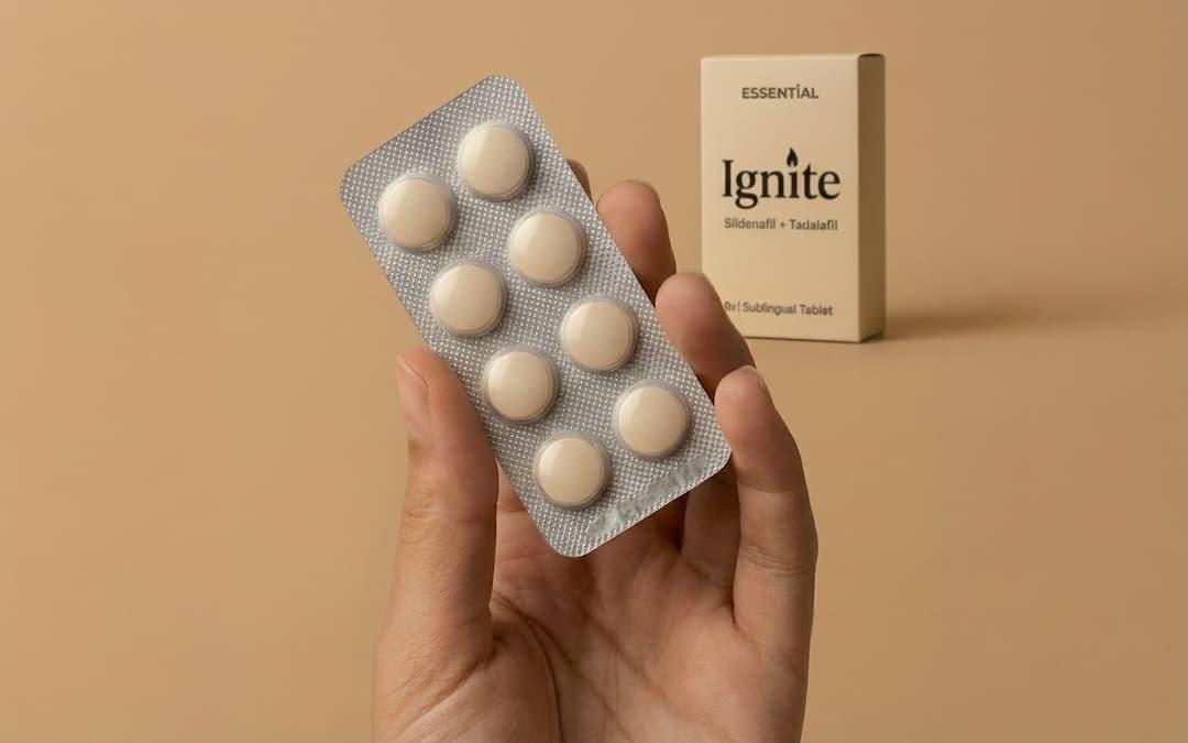 Image of the Essential Ignite sildenafil (Viagra) and tadalafil (Cialis) 2-in-1 pill.