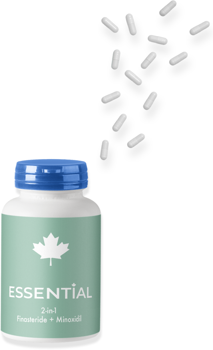 White bottle with blue cap and green label with text Essential Finasteride & Minoxidil 2-in-1 Pill. White capsules spilling out of the bottle.