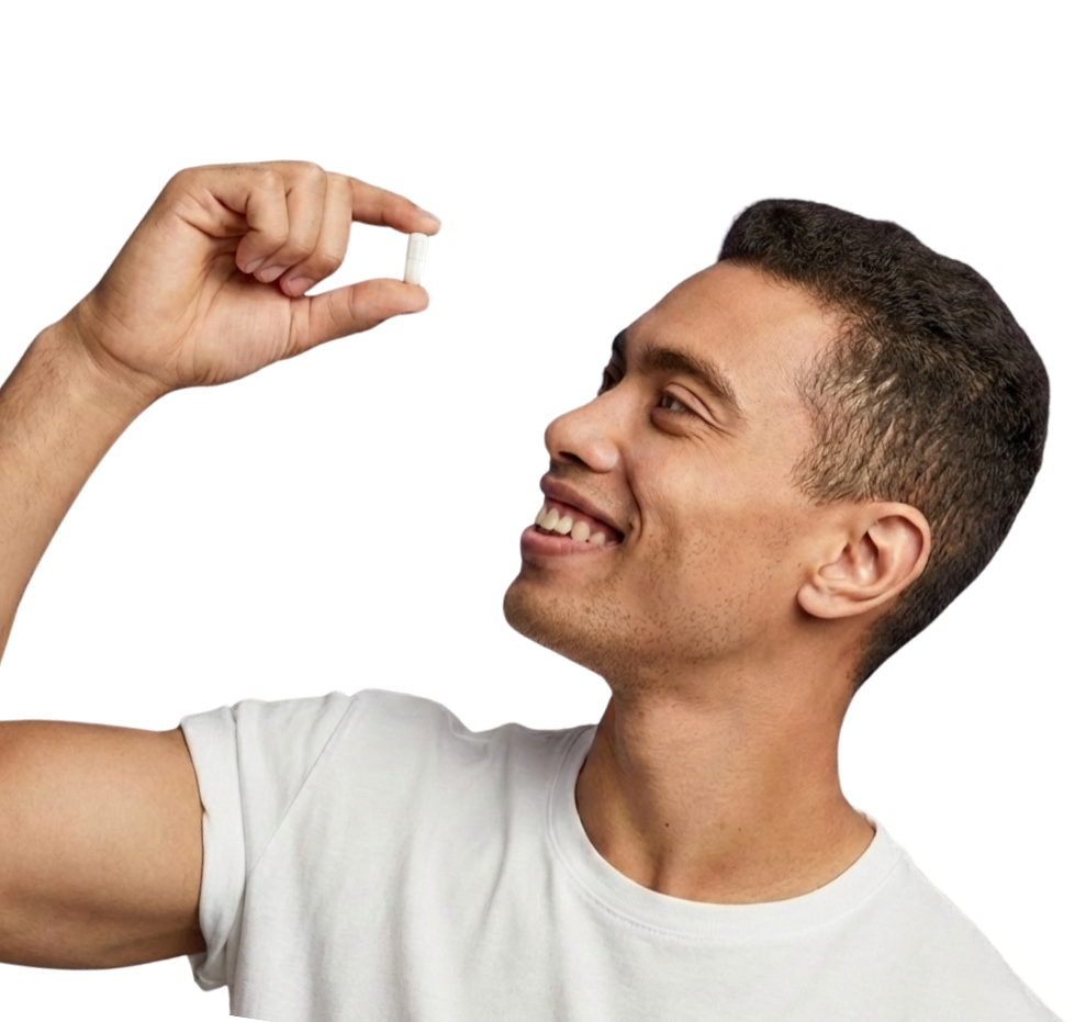 young man smiling and holding a pill