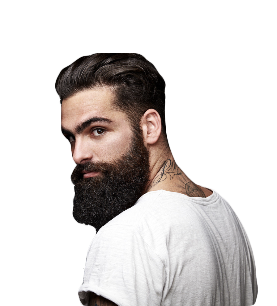 man with full beard turning backward