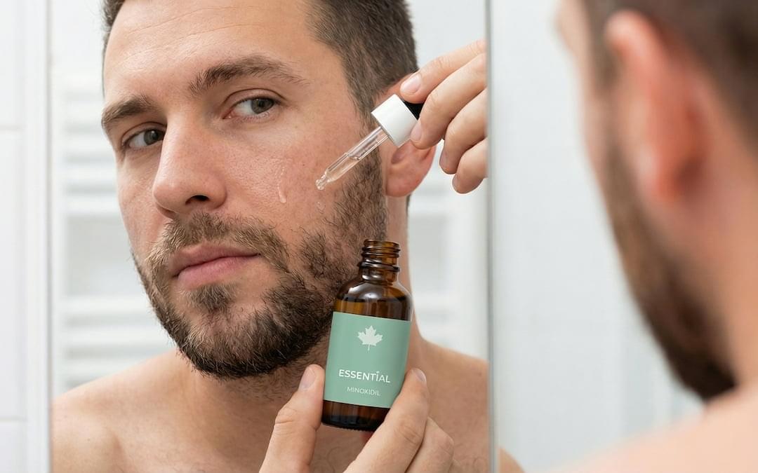 Man applying topical minoxidil to his beard for beard growth