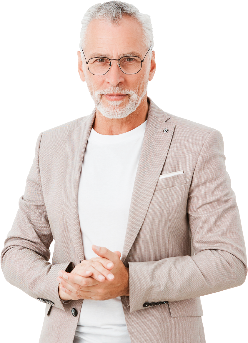 older fresh looking man wearing a suit and glasses