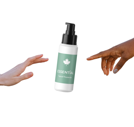 Two hands reaching out to topical finasteride bottle spray in between them