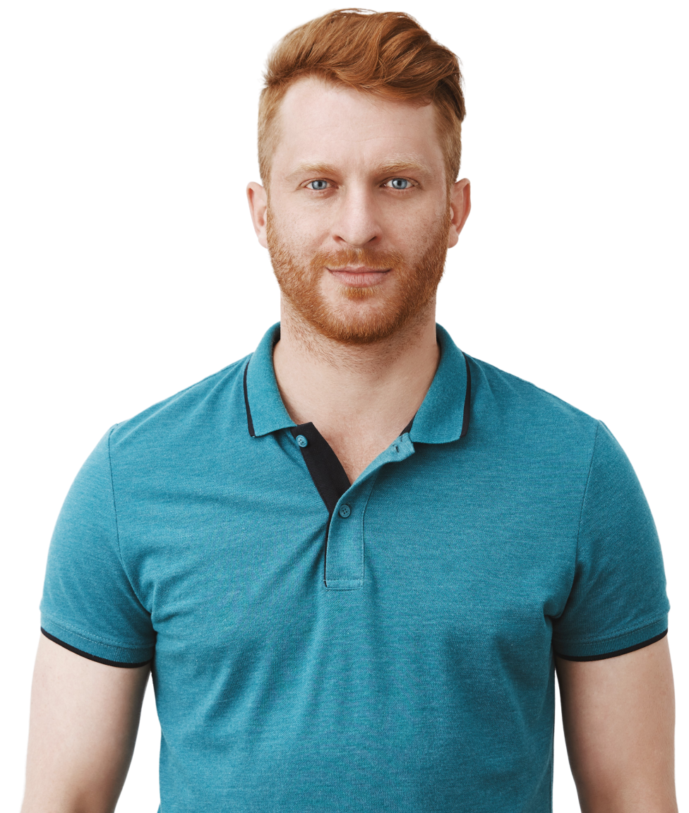 confident relaxed man with a smirk and wearing green shirt